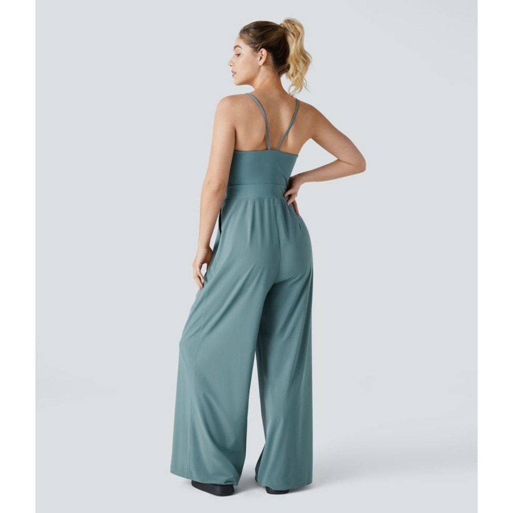 Halara Breeze Jumpsuit Size L Teal Blue Wide Leg Pockets Cross Back‎ Sleeveless - Picture 5 of 11